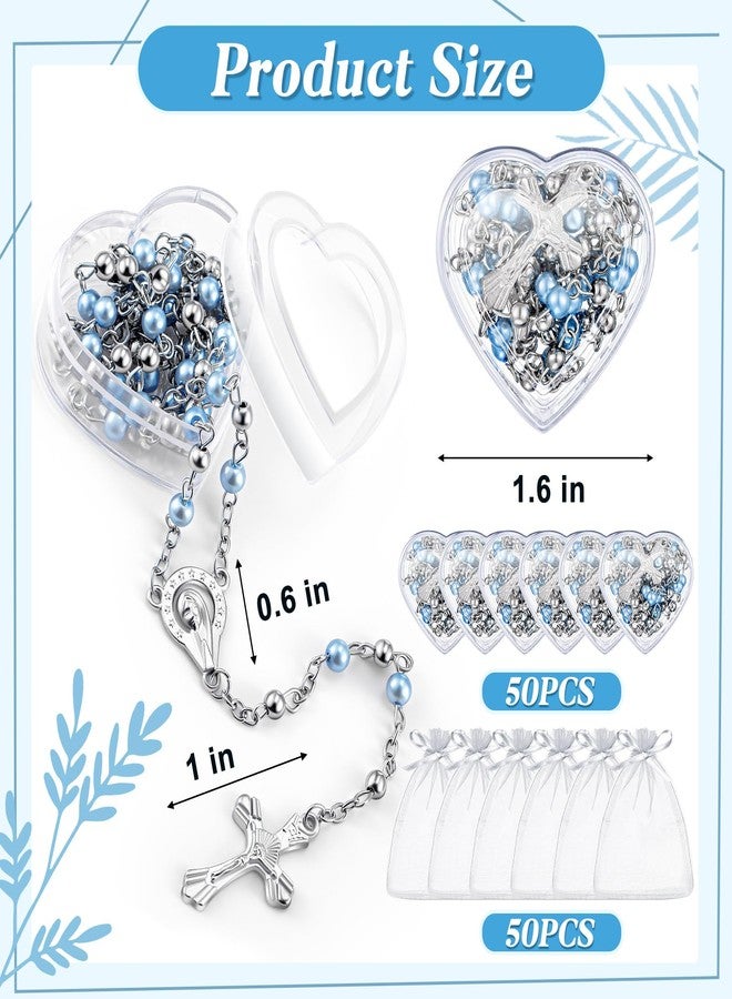 ROCEEI 24 Pcs Catholic Rosary Necklace 4 mm Glass Beads Rosary Favors Crucifix Prayer with Faux Pearl with Heart Shaped Box and Organza Bag for First Communion Baptism (Blue) - Image 2
